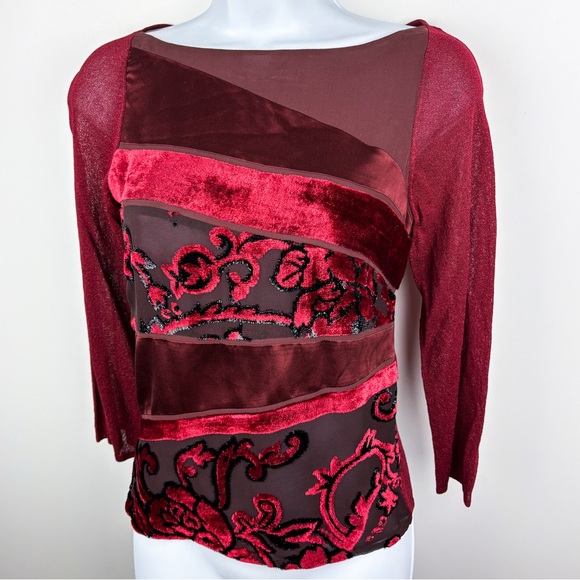 Vintage Tops - Kay Unger Vintage Velvet Mesh Baroque Maroon Red Stretch Blouse Top Whimsigoth
